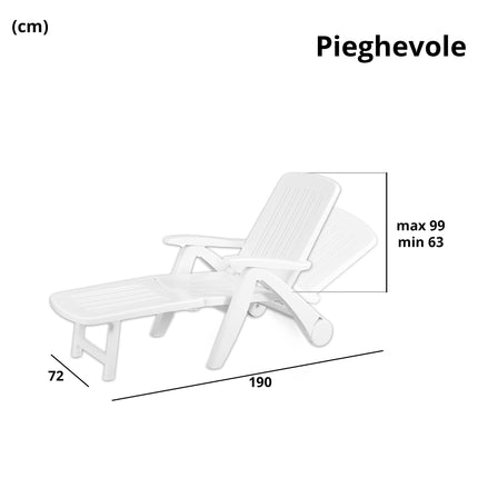 Bica Lettino Pieghevole Cancun Bianco In Polipropilene, Finitura Lucida, Resina Riciclabile, Schienale Regolabile, 190X72X60 Cm, Arredo Esterno Giardino, Made In Italy