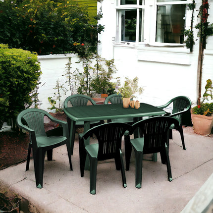 Set 6 Poltrone Ratak con Tavolo Rettangolare Ovale Cayman in Polipropilene Impilabile Facile da Montare Made in Italy - Completo Verde/Bianco Casalinghi Sicignano