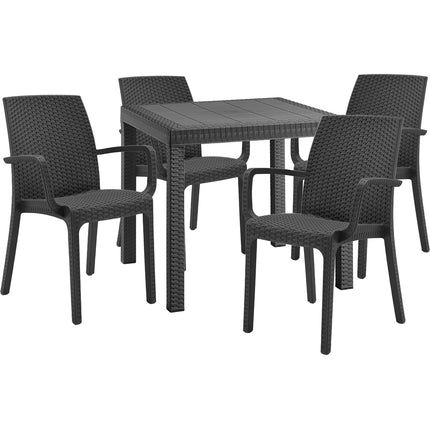Bica Set Completo Tavolo Dallas 80×80 cm + 4 Poltrone Indiana Polipropilene Rattan per Interni Esterni Antracite/Bianco/Marrone Antracite Bica