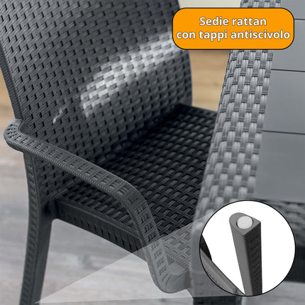 Bica Set Completo Tavolo Dallas 80×80 cm + 4 Poltrone Indiana Polipropilene Rattan per Interni Esterni Antracite/Bianco/Marrone Bica