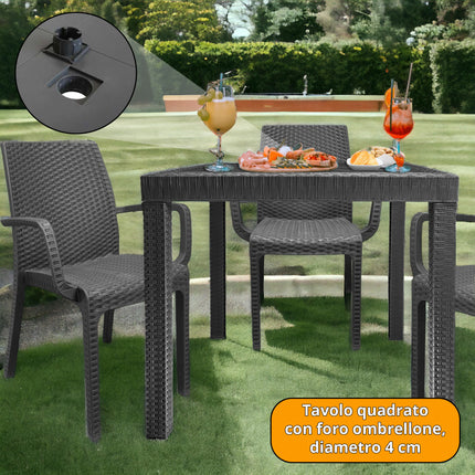 Bica Set Completo Tavolo Dallas 80×80 cm + 4 Poltrone Indiana Polipropilene Rattan per Interni Esterni Antracite/Bianco/Marrone Bica