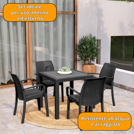 Bica Set Completo Tavolo Dallas 80×80 cm + 4 Poltrone Indiana Polipropilene Rattan per Interni Esterni Antracite/Bianco/Marrone Bica