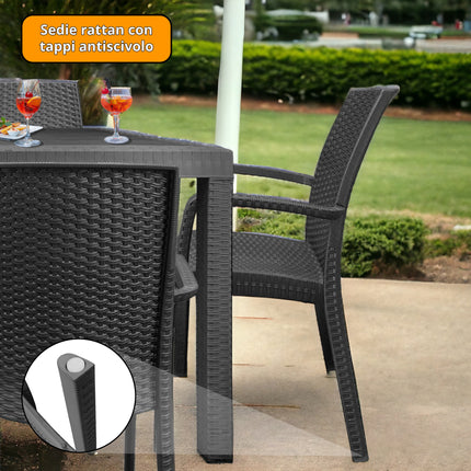 Set 6 Poltrone Indiana con Tavolo Houston Rettangolare Rattan 150x90 cm, Made in Italy - Completo Bianco/Antracite Casalinghi Sicignano
