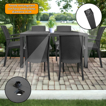 Set 6 Poltrone Indiana con Tavolo Houston Rettangolare Rattan 150x90 cm, Made in Italy - Completo Bianco/Antracite Casalinghi Sicignano