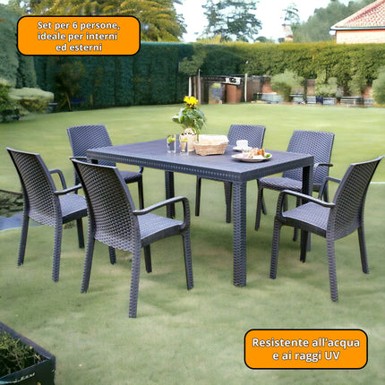 Set 6 Poltrone Indiana con Tavolo Houston Rettangolare Rattan 150x90 cm, Made in Italy - Completo Bianco/Antracite Casalinghi Sicignano
