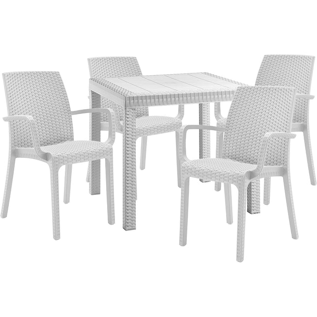 Bica Set Completo Tavolo Dallas 80×80 cm + 4 Poltrone Indiana Polipropilene Rattan per Interni Esterni Antracite/Bianco/Marrone Bianco Bica