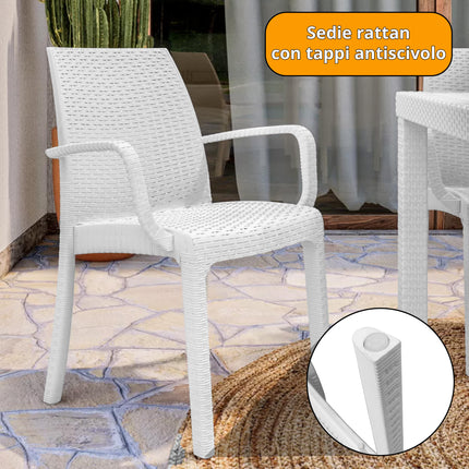 Bica Set Completo Tavolo Dallas 80×80 cm + 4 Poltrone Indiana Polipropilene Rattan per Interni Esterni Antracite/Bianco/Marrone Bica