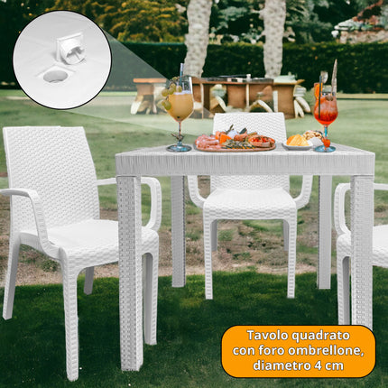 Bica Set Completo Tavolo Dallas 80×80 cm + 4 Poltrone Indiana Polipropilene Rattan per Interni Esterni Antracite/Bianco/Marrone Bica