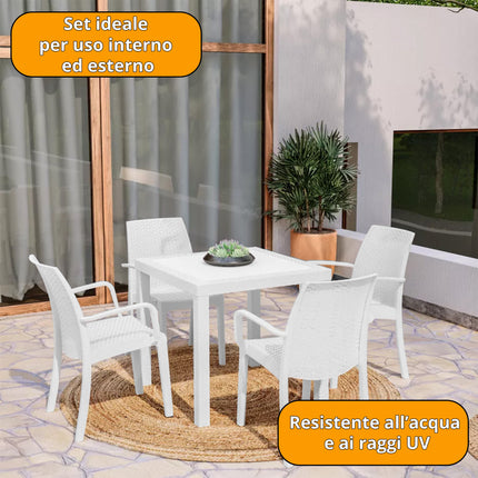 Bica Set Completo Tavolo Dallas 80×80 cm + 4 Poltrone Indiana Polipropilene Rattan per Interni Esterni Antracite/Bianco/Marrone Bica