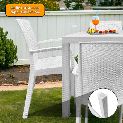 Set 6 Poltrone Indiana con Tavolo Houston Rettangolare Rattan 150x90 cm, Made in Italy - Completo Bianco/Antracite Casalinghi Sicignano