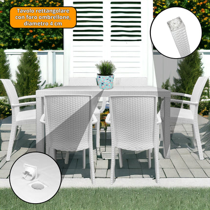 Set 6 Poltrone Indiana con Tavolo Houston Rettangolare Rattan 150x90 cm, Made in Italy - Completo Bianco/Antracite Casalinghi Sicignano