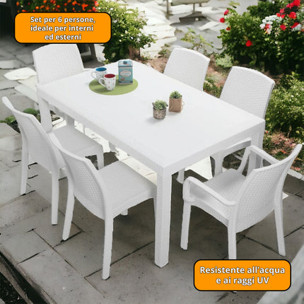 Set 6 Poltrone Indiana con Tavolo Houston Rettangolare Rattan 150x90 cm, Made in Italy - Completo Bianco/Antracite Casalinghi Sicignano