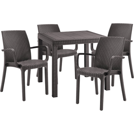 Bica Set Completo Tavolo Dallas 80×80 cm + 4 Poltrone Indiana Polipropilene Rattan per Interni Esterni Antracite/Bianco/Marrone Marrone Bica