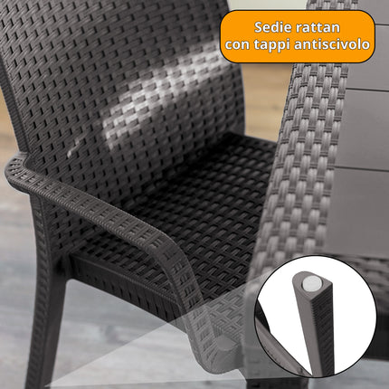 Bica Set Completo Tavolo Dallas 80×80 cm + 4 Poltrone Indiana Polipropilene Rattan per Interni Esterni Antracite/Bianco/Marrone Bica