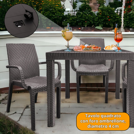 Bica Set Completo Tavolo Dallas 80×80 cm + 4 Poltrone Indiana Polipropilene Rattan per Interni Esterni Antracite/Bianco/Marrone Bica