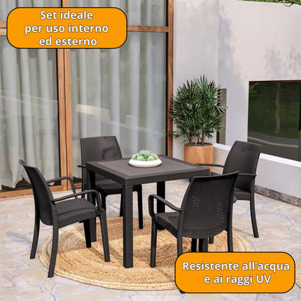 Bica Set Completo Tavolo Dallas 80×80 cm + 4 Poltrone Indiana Polipropilene Rattan per Interni Esterni Antracite/Bianco/Marrone Bica