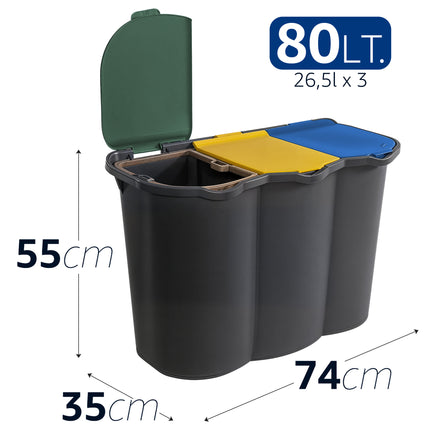 Belli & Forti Pattumiera Differenziata 3 Scomparti Unica – 80L – Raccolta Rifiuti Con Etichette E Separatori Belli & Forti