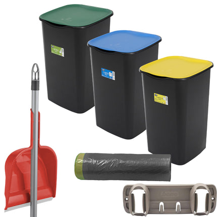 Set Pattumiere Riciclo con Coperchio Raccolta Differenziata Carta Vetro Plastica Indifferenziata 50 Litri, 15 Sacchetti, con Paletta e Appendiscope Colori Assortiti Grigi Set 3 Bidoni Belli & Forti