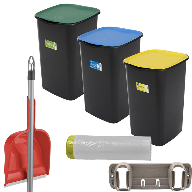 Set Pattumiere Riciclo con Coperchio Raccolta Differenziata Carta Vetro Plastica Indifferenziata 50 Litri, 15 Sacchetti, con Paletta e Appendiscope Colori Assortiti Neutro Set 3 Bidoni Belli & Forti