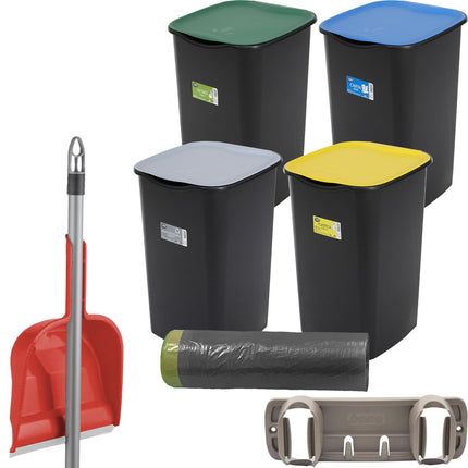 Set Pattumiere Riciclo con Coperchio Raccolta Differenziata Carta Vetro Plastica Indifferenziata 50 Litri, 15 Sacchetti, con Paletta e Appendiscope Colori Assortiti Grigi Set 4 Bidoni Belli & Forti