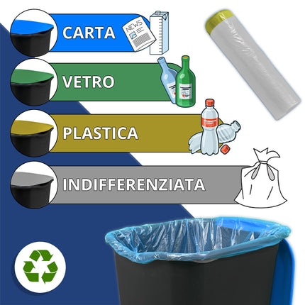 Set Pattumiere Riciclo con Coperchio Raccolta Differenziata Carta Vetro Plastica Indifferenziata 50 Litri, 15 Sacchetti, con Paletta e Appendiscope Colori Assortiti Belli & Forti