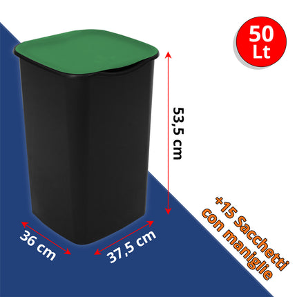 Set Pattumiere Riciclo con Coperchio Raccolta Differenziata Carta Vetro Plastica Indifferenziata 50 Litri, 15 Sacchetti, con Paletta e Appendiscope Colori Assortiti Belli & Forti