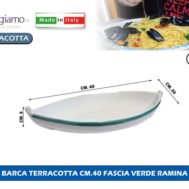 Pirofila Barca Terracotta Benegiamo Piatto Portata Pesce Forno Made in Italy Fascia Verde Marina 40 cm Benegiamo