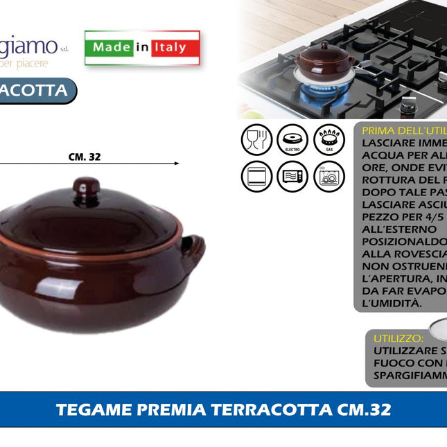 Benegiamo Tegame Premia Terracotta Cm.32 Made in Italy Compatibile Gas/Elettrico/Forno/Microonde/lavastoviglie Benegiamo