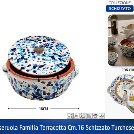 Casseruola in Terracotta con Coperchio Made in Italy - Linea Familia per Cucina Sana - Adatta a Forno e Gas Turchese - Blu Ø 16 x 7h cm Benegiamo