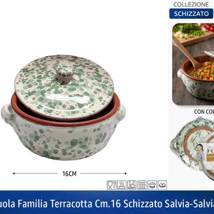 Casseruola in Terracotta con Coperchio Made in Italy - Linea Familia per Cucina Sana - Adatta a Forno e Gas Salvia - Salvia Scuro Ø 16 x 7h cm Benegiamo