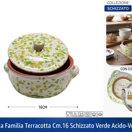 Casseruola in Terracotta con Coperchio Made in Italy - Linea Familia per Cucina Sana - Adatta a Forno e Gas Verde Acido - Verde Mela Ø 16 x 7h cm Benegiamo