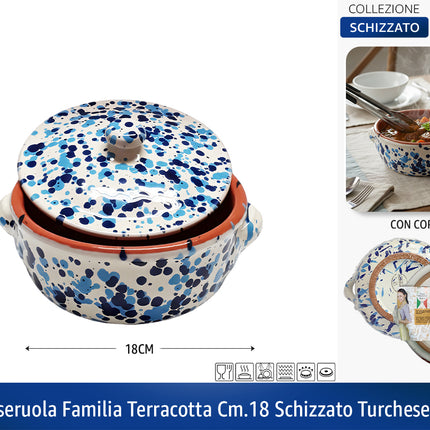 Casseruola in Terracotta con Coperchio Made in Italy - Linea Familia per Cucina Sana - Adatta a Forno e Gas Turchese - Blu Ø 18 x 8h cm Benegiamo