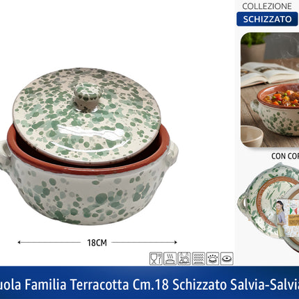 Casseruola in Terracotta con Coperchio Made in Italy - Linea Familia per Cucina Sana - Adatta a Forno e Gas Salvia - Salvia Scuro Ø 18 x 8h cm Benegiamo