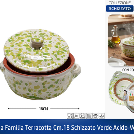 Casseruola in Terracotta con Coperchio Made in Italy - Linea Familia per Cucina Sana - Adatta a Forno e Gas Verde Acido - Verde Mela Ø 18 x 8h cm Benegiamo