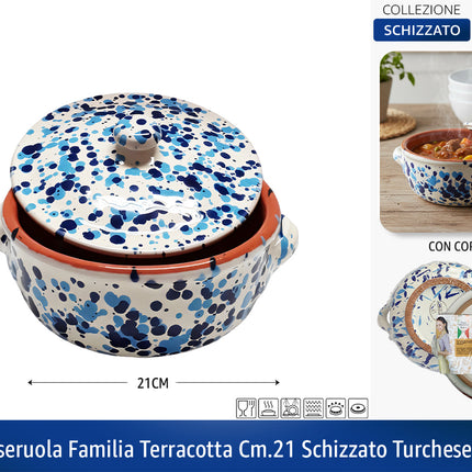 Casseruola in Terracotta con Coperchio Made in Italy - Linea Familia per Cucina Sana - Adatta a Forno e Gas Turchese - Blu Ø 21 x 9h cm Benegiamo