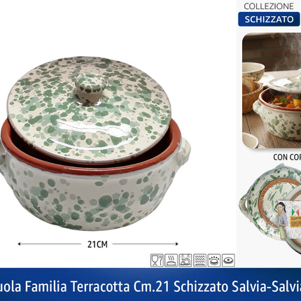 Casseruola in Terracotta con Coperchio Made in Italy - Linea Familia per Cucina Sana - Adatta a Forno e Gas Salvia - Salvia Scuro Ø 21 x 9h cm Benegiamo