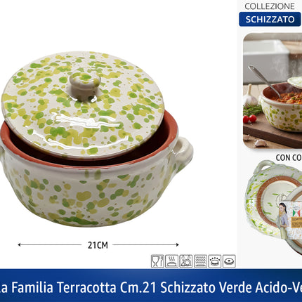 Casseruola in Terracotta con Coperchio Made in Italy - Linea Familia per Cucina Sana - Adatta a Forno e Gas Verde Acido - Verde Mela Ø 21 x 9h cm Benegiamo