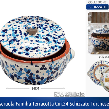 Casseruola in Terracotta con Coperchio Made in Italy - Linea Familia per Cucina Sana - Adatta a Forno e Gas Turchese - Blu Ø 24 x 9h cm Benegiamo