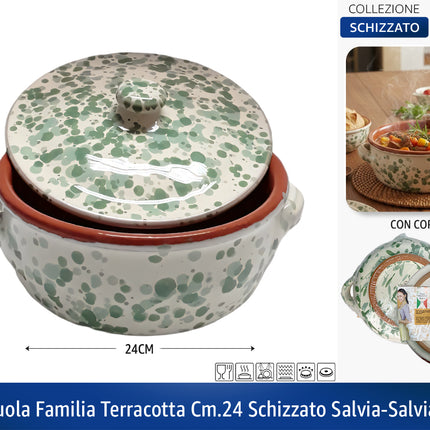 Casseruola in Terracotta con Coperchio Made in Italy - Linea Familia per Cucina Sana - Adatta a Forno e Gas Salvia - Salvia Scuro Ø 24 x 9h cm Benegiamo