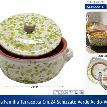 Casseruola in Terracotta con Coperchio Made in Italy - Linea Familia per Cucina Sana - Adatta a Forno e Gas Verde Acido - Verde Mela Ø 24 x 9h cm Benegiamo