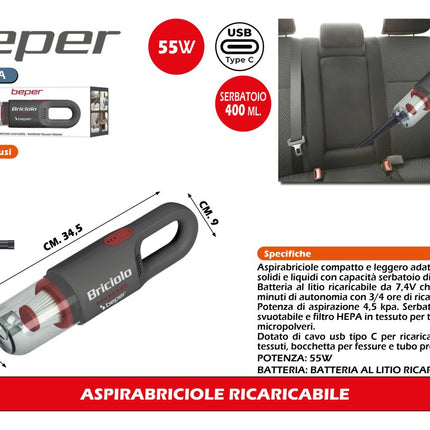 Aspirabriciole Ricaricabile Briciolo 55W Aspirapolvere Auto Casa USB HEPA