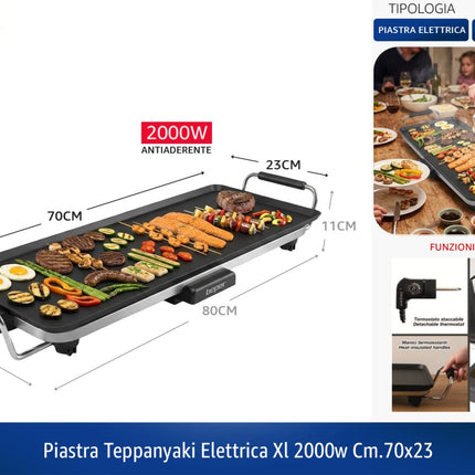Piastra Teppanyaki Elettrica XL 2000W Grill Barbecue Antiaderente 70x23
