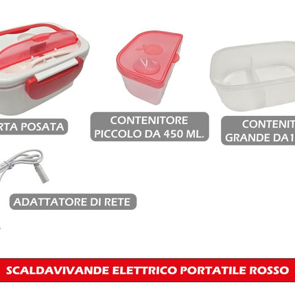 Scalda Vivande Elettrico Portatile 40W, 2 Scomparti 1000 + 450 ml, con Vano Portaposate e Adattatore di Rete