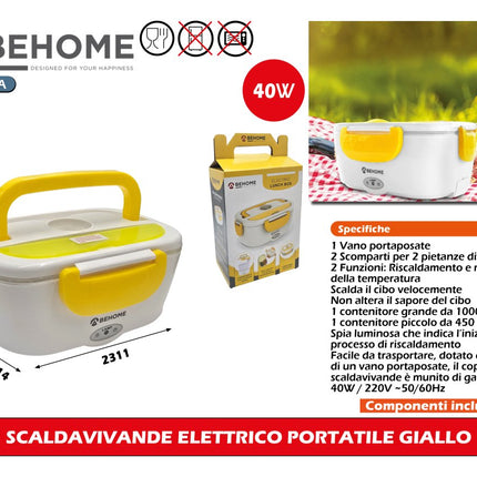 Scalda Vivande Elettrico Portatile 40W, 2 Scomparti 1000 + 450 ml, con Vano Portaposate e Adattatore di Rete