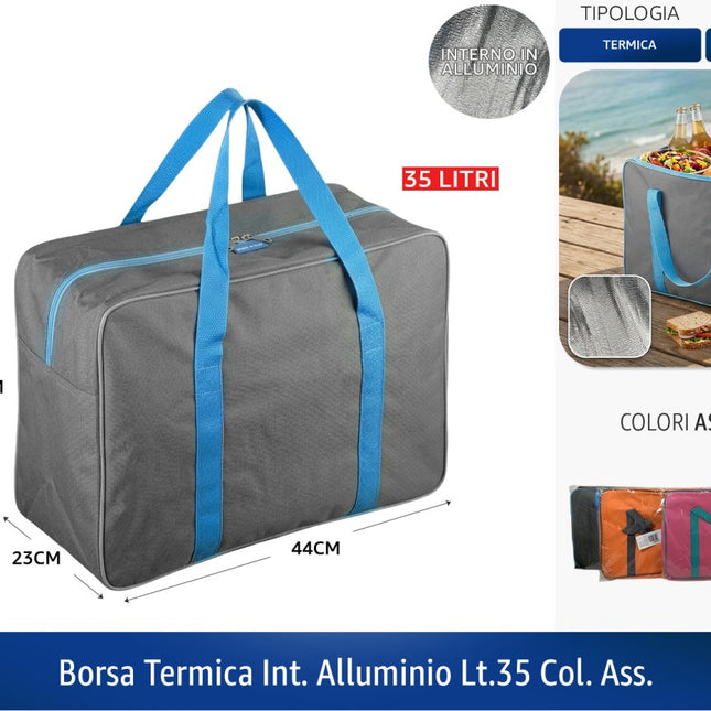 Borsa Termica 35 Litri Grande Portavivande Isolante Interno Alluminio 35x23x44cm Frigo Portatile Poliestere Campeggio Mare Spiaggia Colori Assortiti D&D Casalinghi