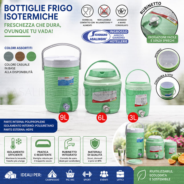 Bottiglia Frigo con Rubinetto 3L / 6L / 9L – Termica in Polipropilene Alimentare con Isolamento in Poliuretano, Colori Assortiti, da -8°C a +70°C per Campeggio, Spiaggia e Viaggio Due Esse