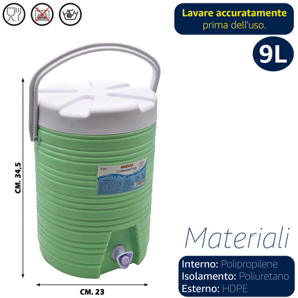 Distributore Acqua Ghiacciata Portatile | Tanica Termica con Rubinetto per Spiaggia e Campeggio | Isolamento Poliuretano Professionale | 3L - 6L - 9L Anti-Goccia 9 Litri Due Esse