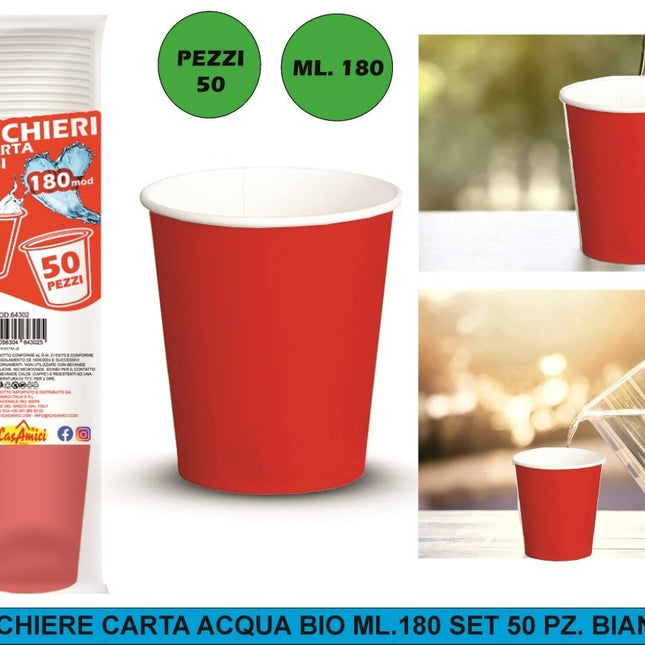 Bicchiere Carta Acqua Bio 180ml Bianco/Rosso Rosso I CasaAmici