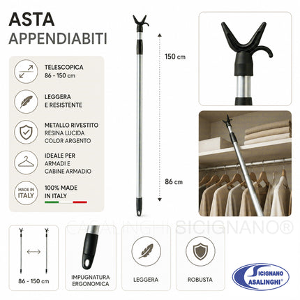 Bama Asta Appendiabiti Telescopica 150 cm | Leggera e Resistente per Armadi Alti