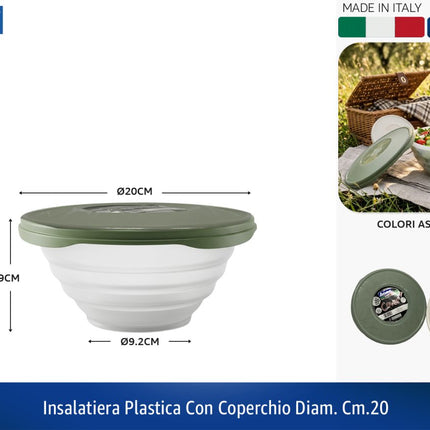 Bama Insalatiera Plastica con Coperchio Diametro 20 cm Made in Italy - Ciotola in Polipropilene Altezza 9 cm, Colori Assortiti per Alimenti, Picnic e Casa